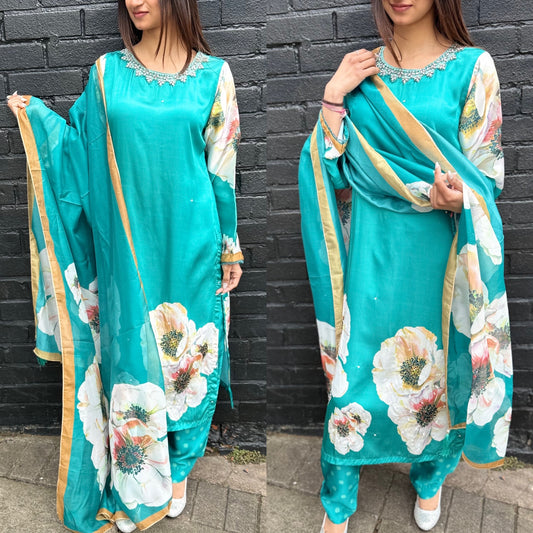 Satin Self Printed Suit with Trouser
