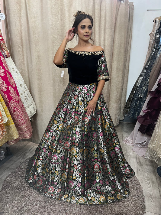 Brocket Lenhga with Velvet Blouse & Net Dupatta