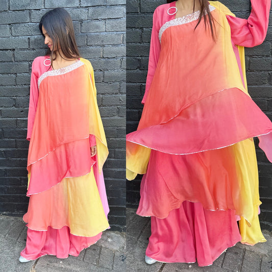2 Piece Long colourful Ombré Style Georgette dress with Plazo